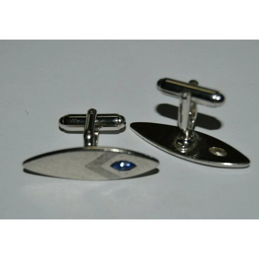 Vintage Large Oval Chrome Silver & Blue Stone Mid Century Modern Cuff Links RARE